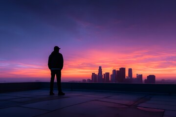 Fototapeta premium Urban Rooftop Sunset Silhouette: Captivating Skyline Photography, Capturing the City's Beauty at Dusk.