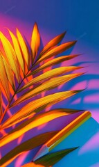 
Yellow Pencil and Palm Leaf in Vibrant Neon Lighting