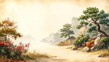 Serene coastal landscape painted in a vintage style