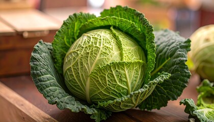 Close-up of a fresh green cabbage