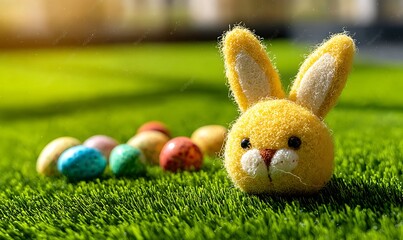 Cute toy rabbit and colorful Easter eggs in green grass