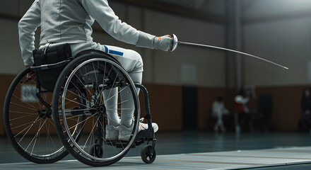 Wheelchair fencing, neck down, plain gear, close indoor competition scene.