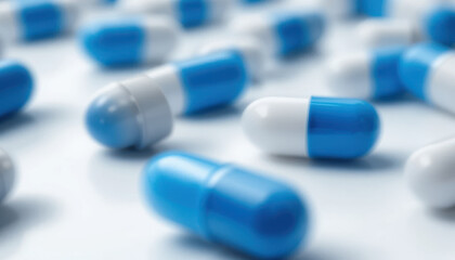 Blue and white capsules scattered on surface, representing medication and health