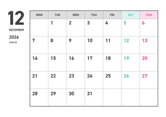 2026年12月の日本語カレンダー（月曜始まり）｜令和8年,年末スケジュール,冬の予定,祝日なし,暦
