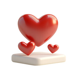 Large Red Heart Floating Above a White Square Pedestal with Two Smaller Hearts love symbol isolated on a transparent background
