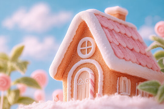 gingerbread house emerges amid ultrabright virtual projections of candies and sweets