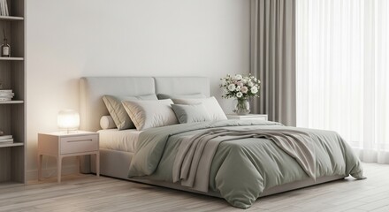 Serene bedroom sanctuary with soft lighting, elegant bedding, and fresh flowers creating a peaceful, modern retreat.