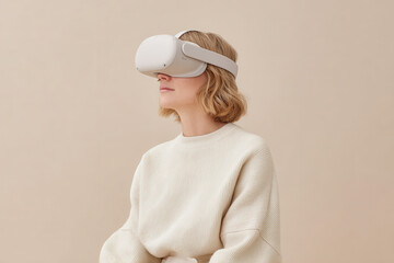 woman wearing vr glasses sits in awe her expression filled with wonder and curiosity about new technology