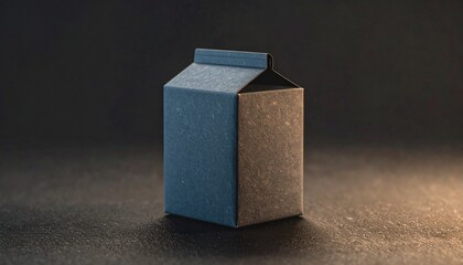 Minimalist miniature carton crafted from textured paper, standing alone on a dark surface, symbolizing sustainable packaging and modern design concepts
