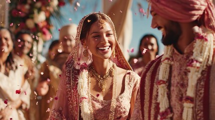Joyful Indian Wedding Celebration: Bride and Groom Bathed in Confetti and Warm Light.