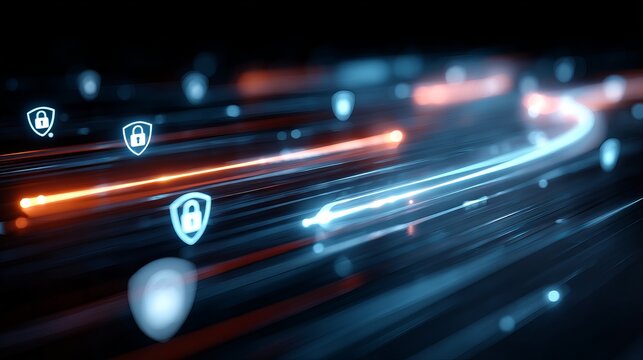 Dynamic digital security network with glowing shield icons and fast-moving data streams, representing cyber protection and online safety