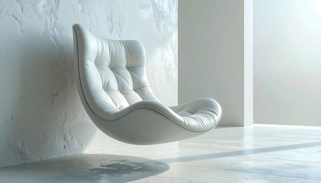 Surreal concept of a futuristic white lounge chair levitating in a bright, minimalist interior with sunlight casting shadows on the floor