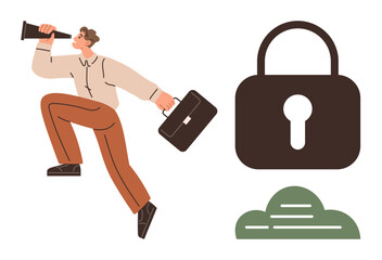 Confident businessman holding a briefcase and telescope, symbolizing vision and opportunity, placed near a lock and cloud icon. Ideal for security, innovation, ambition, strategy, privacy, career