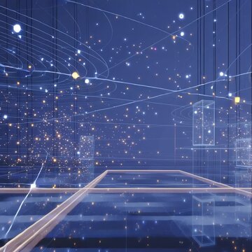 Futuristic tableau of luminescent lines and floating data points suspended in space