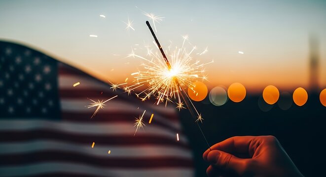 Sparkler in hand against the backdrop of the american flag at sunset