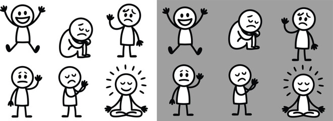 Stick Figure kids Emotion Icons Joy, Sadness, Meditation, and Positivity in Monochrome Panels