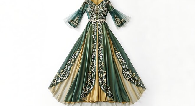 Elegant emerald green gown with intricate gold embroidery and flowing skirt, displayed against a white background. - Powered by Adobe