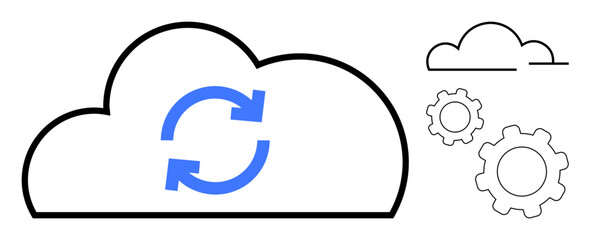 Large cloud with blue synchronization arrows, smaller cloud sketches, and gear icons representing integration. Ideal for cloud computing, data storage, updates, automation, innovation, connectivity