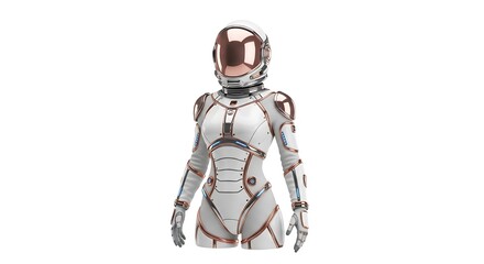 Fototapeta premium A female figure in a futuristic white and bronze spacesuit, complete with a helmet and visor, isolated on a white background.
