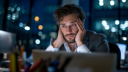 Stressed businessman feeling overwhelmed by late-night work deadlines and pressure in a modern office environment