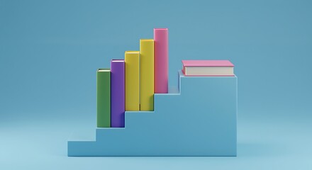Colorful books arranged on blue steps against a solid blue background learning education