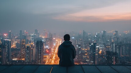 Man gazes at vibrant city skyline at dusk, contemplating modern urban life and vast opportunities from a high vantage point.