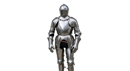 A full suit of medieval plate armor stands against a white background.