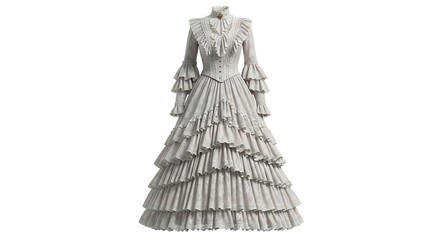 Elegant, tiered Victorian-style gown, long sleeves, ruffled details, full skirt.