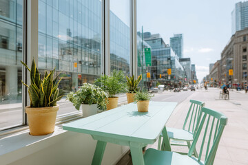 modern stylish caf located on bustling street featuring lush green plants adorning tables