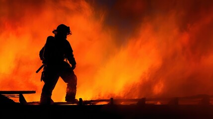 Firefighter Battling a Large Blaze at Sunset Amidst Intense Flames and Smoke