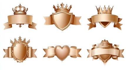 Set of Golden Crown, Shield, Ribbon and Heart Emblems for Branding and Design 