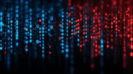 Dynamic digital rain of binary code, glowing blue and red numbers cascading in a futuristic abstract data stream, representing technology and information flow.