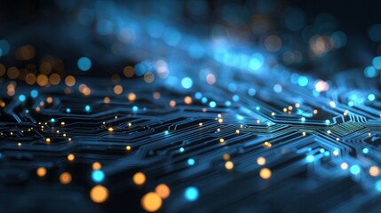 Dynamic digital circuit board with glowing blue and orange lights, symbolizing advanced technology and data flow for innovation and connectivity.