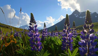 Lush lupines bloom in a mountain meadow