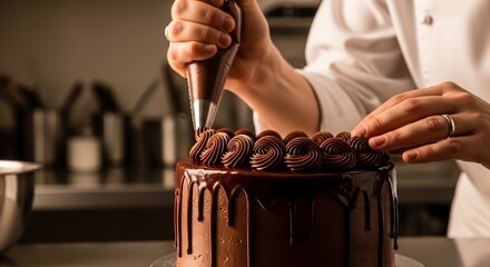 Pastry chef decorating chocolate cake with glossy ganache, cinematic warm studio lighting, dessert photography for gourmet pastry ads and professional stock imagery