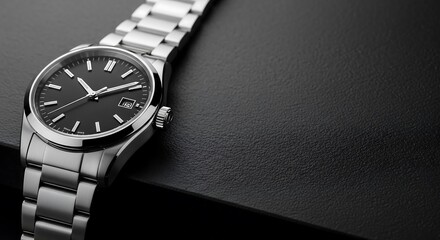 Sleek stainless steel wristwatch with black dial, dark concrete surface, product photography for modern editorial layouts and luxury branding