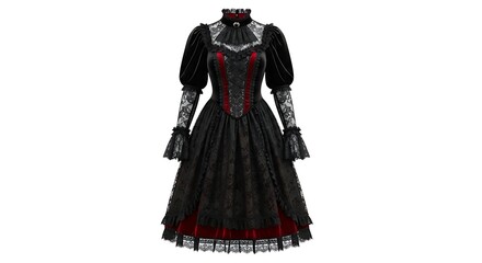 Obraz premium Elegant black gothic dress with lace details, velvet accents, long sleeves, and a high collar, displayed on a white background.