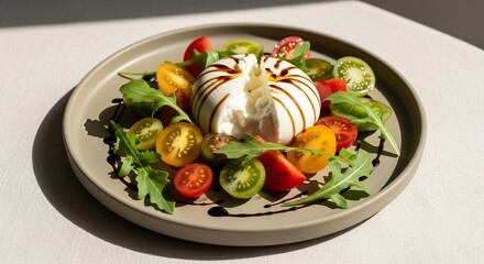 Gourmet burrata salad with heirloom tomatoes and arugula, minimalist fine dining food photography for editorial culinary branding