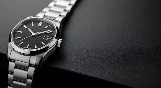 Sleek stainless steel wristwatch with black dial, dark concrete surface, product photography for modern editorial layouts and luxury branding