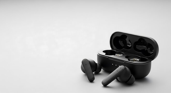 Matte black wireless earbuds on light gray background with negative space, product photography for minimalist tech branding