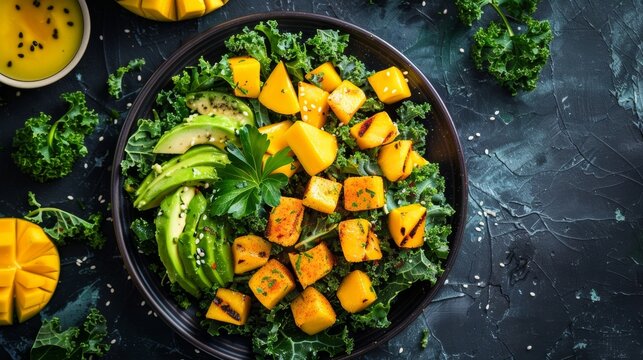 A vibrant grilled kale avocado and mango salad drizzled with a tangy citrus dressing.