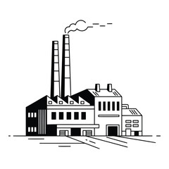 Obraz premium Art of modern factory building with tall chimneys emitting smoke, representing industrial production and manufacturing, isolated on white background