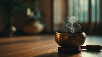 A brass singing bowl with smoke rising, placed on a wooden floor in a calm, meditative indoor setting.