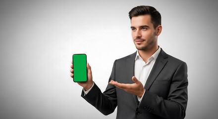 Young professional man in tailored suit holding smartphone with green screen, natural hand gesture, neutral gradient background, studio lifestyle photography for corporate branding and digital marketi