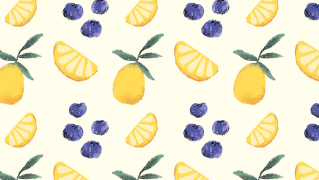 Seamless repeat pattern with hand-painted watercolor lemons and blueberries on light background. Fresh and fruity design for fabric, packaging, and summer themes.