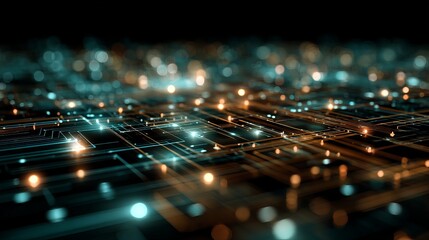 Dynamic digital network data flow with glowing circuits and bokeh lights, representing futuristic technology and global connectivity