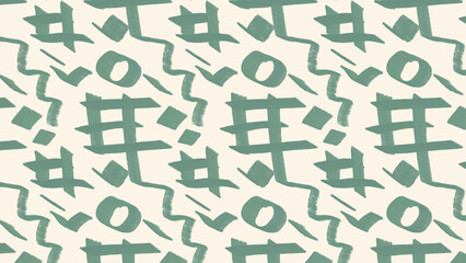 Seamless repeat pattern with hand-drawn doodle abstract symbols in green on white background.