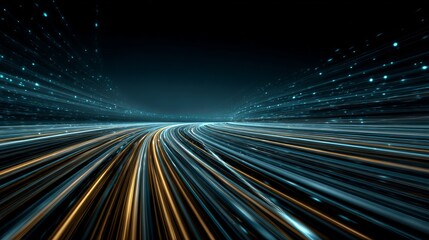 Dynamic abstract light trails streaking through dark digital space, symbolizing fast data transfer and futuristic technology for business innovation.