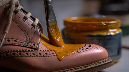 Artisan hands meticulously painting a classic leather shoe with vibrant yellow dye, bringing a unique custom design to life.