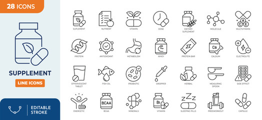 Fototapeta na wymiar Supplement line editable icon set. Containing vitamin, nutritional Supplements, capsule, protein, minerals, herbal, probiotic, antioxidant and more. Editable stroke. Vector illustration